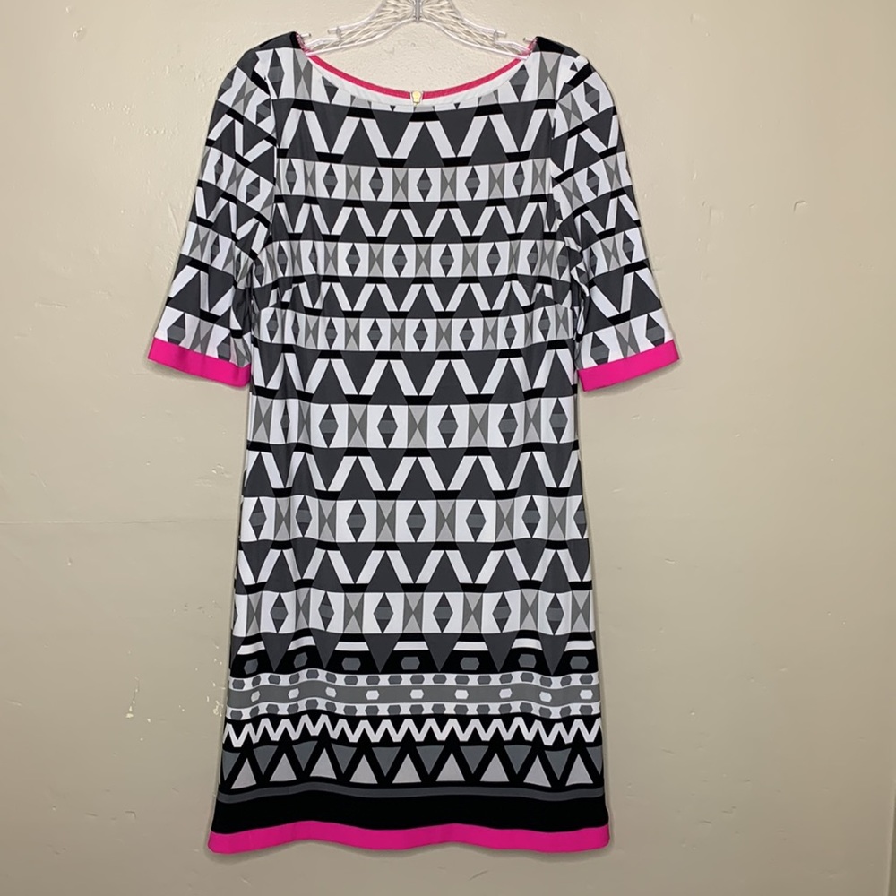 ELIZA J Dress Black Gray Geometric Print Half Sleeve Shift Style EJ6M1094 SZ 8